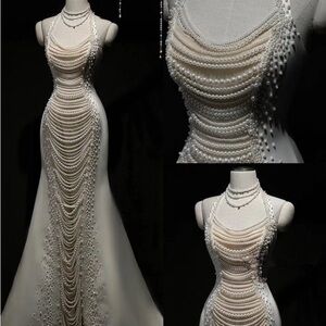 Pearl-Embellished Cream Gown